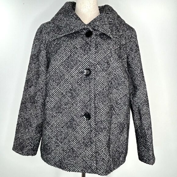 Talbots Jacket Women 20W Black White Plaid Boho Preppy Pockets Wool Tweed Coat - Picture 1 of 12